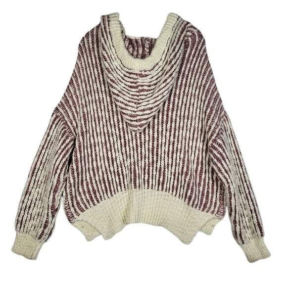 POL Chunky Sweater Women's Large Pink White Striped Hooded Wool Blend Soft Boho - Picture 3 of 10